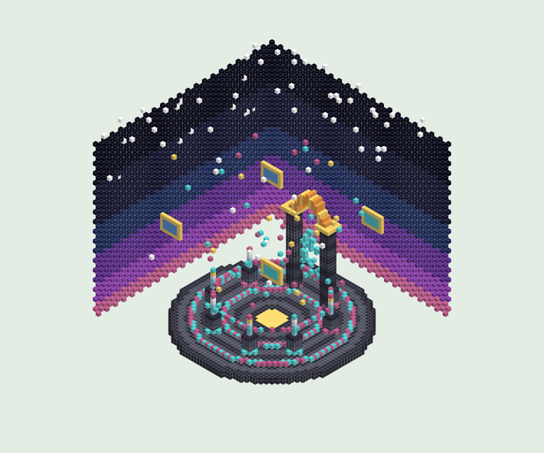 Theirspace Plaza: circular platform with portal arch, eight avatar pedestals, and cosmic sky