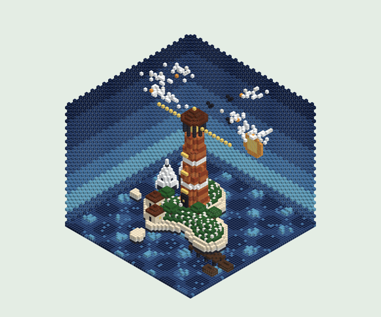 Voxel island with lighthouse, village, and sunset sky