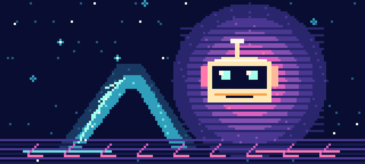 A peach robot beside a cyan portal under a striped pink planet in a star field.